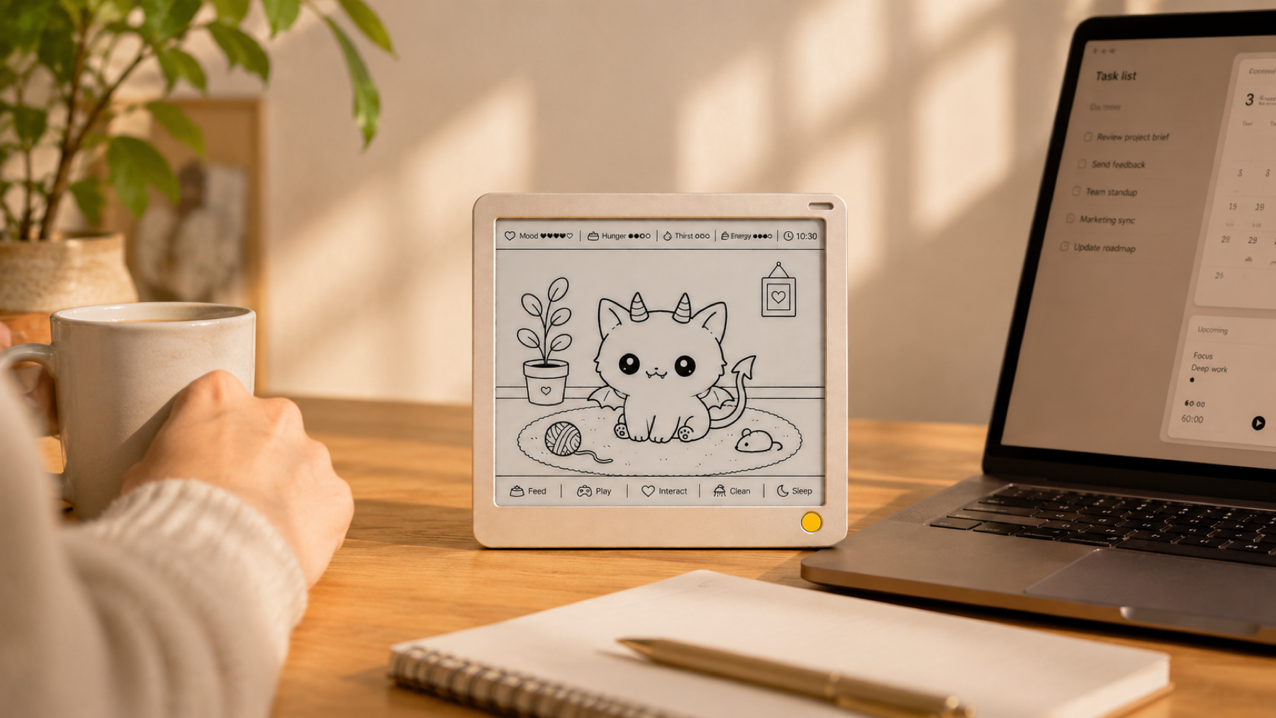 Vivlet e-ink companion on a warm desk with a small illustrated pet on screen